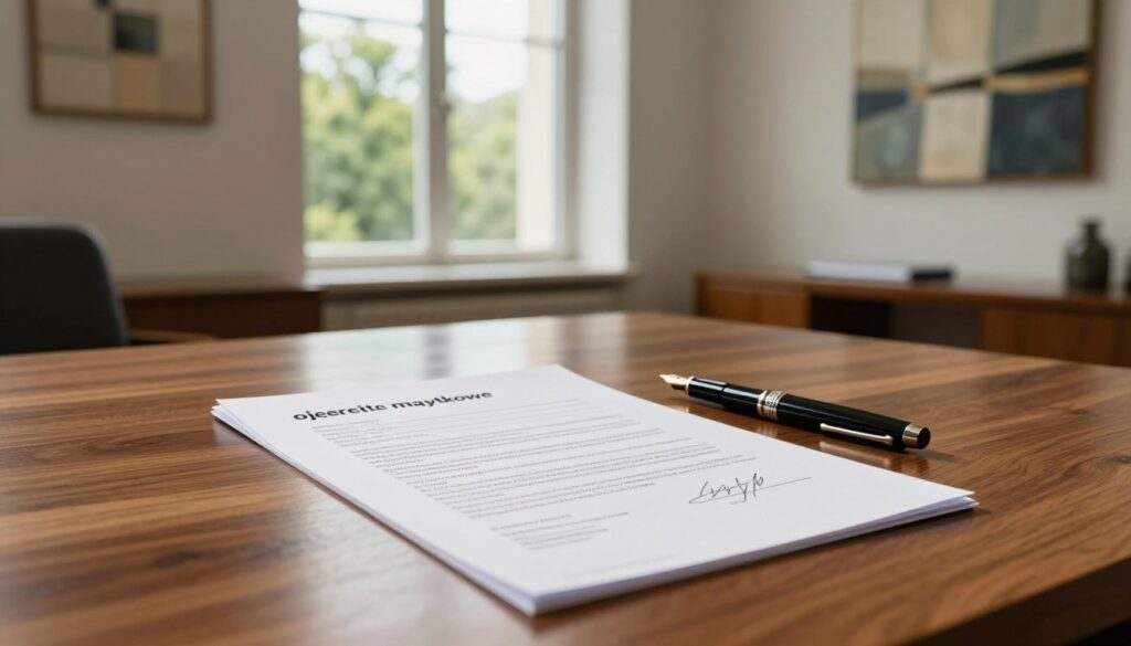 An elegant office setting illustrating a financial statement, "oświadczenie majątkowe," prominently displayed on a polished mahogany desk. In the foreground, the document should be neatly arranged with a fountain pen beside it, capturing the details like signatures and official stamps. The background features a large window allowing natural light to spill into the room, highlighting lush green trees outside, creating a sense of tranquility. Soft shadows play across the desk’s surface, imparting a warm and inviting atmosphere. On the wall, a tasteful abstract painting in muted colors enhances the professional feel. The overall mood is serious yet approachable, embodying the essence of financial transparency and accountability.