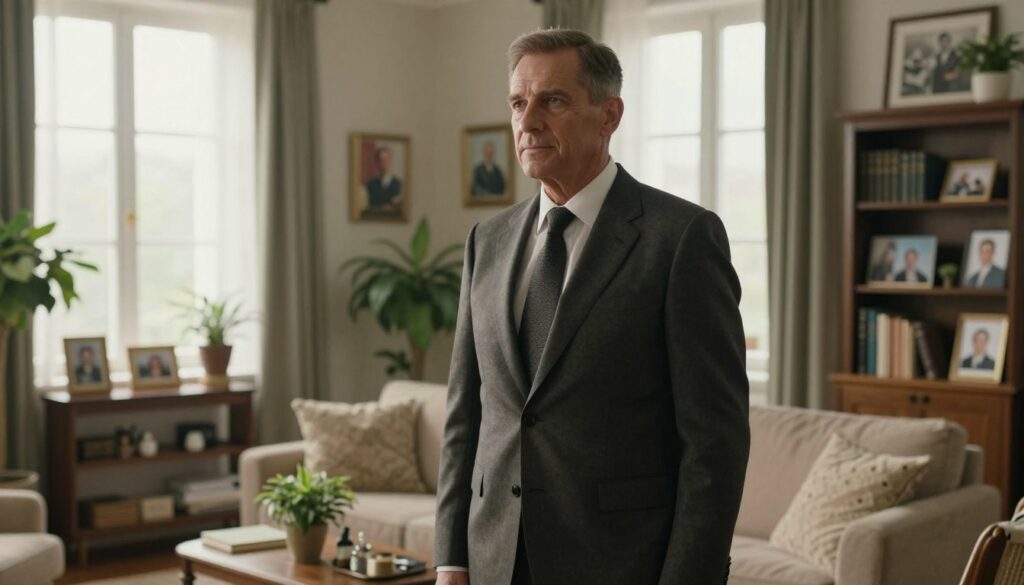 An elegant setting showcasing Roman Polko's life after military service. In the foreground, a distinguished middle-aged man in a tailored suit stands confidently, with a thoughtful expression, symbolizing his transition from service to civilian life. The middle of the scene features a cozy, well-decorated living room filled with personal memorabilia and photographs that reflect his military past and family life. The background shows large windows with soft, natural light flooding in, illuminating the space and casting gentle shadows. A few potted plants add warmth, and a bookshelf filled with books on strategy and history suggests a contemplative atmosphere. The overall mood is serene and reflective, capturing the essence of a fulfilling life post-service.