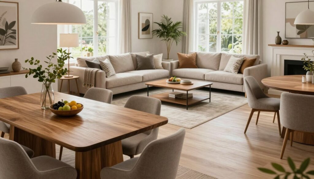 An inviting open-concept living room and dining area combined, showcasing modern furniture in a harmonious layout. In the foreground, a large, elegant wooden dining table is surrounded by stylish upholstered chairs, set for a meal. In the middle, a cozy living space features a plush sofa and a sleek coffee table, accented with decorative cushions and greenery. The background features large windows flooding the space with natural light, illuminating the warm color palette of muted earth tones and soft whites. The atmosphere is relaxed and welcoming, conveying a sense of functionality and aesthetic appeal, ideal for gatherings. The scene is captured from a slightly elevated angle to capture the entirety of the space, with soft, diffused lighting creating an inviting ambiance. An inviting open-concept living room and dining area combined, showcasing modern furniture in a harmonious layout. In the foreground, a large, elegant wooden dining table is surrounded by stylish upholstered chairs, set for a meal. In the middle, a cozy living space features a plush sofa and a sleek coffee table, accented with decorative cushions and greenery. The background features large windows flooding the space with natural light, illuminating the warm color palette of muted earth tones and soft whites. The atmosphere is relaxed and welcoming, conveying a sense of functionality and aesthetic appeal, ideal for gatherings. The scene is captured from a slightly elevated angle to capture the entirety of the space, with soft, diffused lighting creating an inviting ambiance.