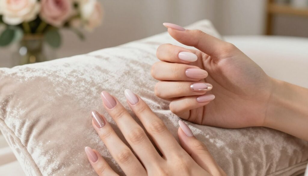 Elegant and timeless manicure designs showcased elegantly on delicate pastel-colored nails, featuring soft pinks, nude tones, and subtle metallic accents. The foreground displays a pair of well-groomed hands with refined nail art, styled in a classic manner, as if ready for a sophisticated occasion. In the middle ground, a gentle shimmer reflects on a plush velvet cushion, enhancing the luxurious feel. The background is softly blurred, suggesting an opulent setting with delicate floral arrangements and soft natural lighting that casts a warm glow. This composition evokes a mood of grace and elegance, ideal for pairing with light fashion pieces. Focus on clarity and detail in the nails, with a professional and polished appearance. Elegant and timeless manicure designs showcased elegantly on delicate pastel-colored nails, featuring soft pinks, nude tones, and subtle metallic accents. The foreground displays a pair of well-groomed hands with refined nail art, styled in a classic manner, as if ready for a sophisticated occasion. In the middle ground, a gentle shimmer reflects on a plush velvet cushion, enhancing the luxurious feel. The background is softly blurred, suggesting an opulent setting with delicate floral arrangements and soft natural lighting that casts a warm glow. This composition evokes a mood of grace and elegance, ideal for pairing with light fashion pieces. Focus on clarity and detail in the nails, with a professional and polished appearance.