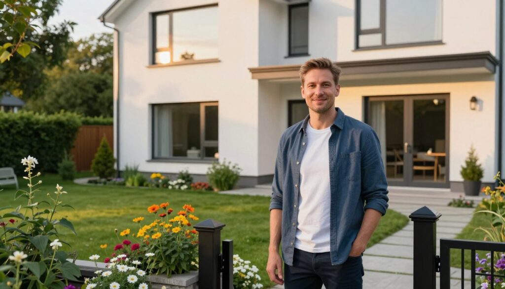 Michał Wiśniewski stands at the entrance of a charming, modern home surrounded by lush greenery, exuding a welcoming vibe. In the foreground, he is dressed in smart casual attire, smiling gently, showcasing a friendly demeanor. The middle ground features the contemporary architecture of his residence, with large windows reflecting the warm afternoon sunlight. The background includes a serene garden with colorful flowers and a well-maintained lawn, hinting at tranquility and family life. The scene is illuminated by soft, natural light, casting gentle shadows that enhance the inviting atmosphere. Capture the essence of a peaceful home environment, where he finds solace in his family life. The angle is slightly elevated to encompass both the subject and the inviting landscape. Michał Wiśniewski stands at the entrance of a charming, modern home surrounded by lush greenery, exuding a welcoming vibe. In the foreground, he is dressed in smart casual attire, smiling gently, showcasing a friendly demeanor. The middle ground features the contemporary architecture of his residence, with large windows reflecting the warm afternoon sunlight. The background includes a serene garden with colorful flowers and a well-maintained lawn, hinting at tranquility and family life. The scene is illuminated by soft, natural light, casting gentle shadows that enhance the inviting atmosphere. Capture the essence of a peaceful home environment, where he finds solace in his family life. The angle is slightly elevated to encompass both the subject and the inviting landscape.