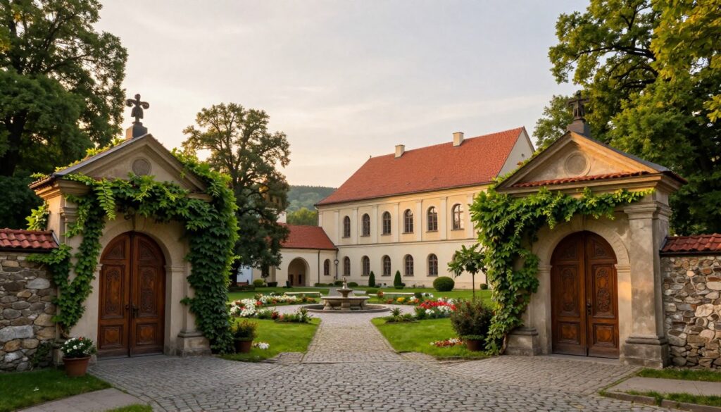 Serene view of a Redemptorist monastery in Toruń Bielany, set amidst lush greenery under soft, golden afternoon sunlight. In the foreground, a cobblestone pathway leading to a grand entrance adorned with ornate wooden doors and creeping ivy. The middle features a tranquil courtyard surrounded by stone walls, blooming flower beds, and a small fountain. In the background, the towering monastery building showcases classic architecture with arched windows and a bell tower, framed by gentle hills. The scene conveys a peaceful and contemplative mood, inviting viewers to reflect on monastic life. Capture this serene environment using a wide-angle lens with soft focus for a dreamy effect. Serene view of a Redemptorist monastery in Toruń Bielany, set amidst lush greenery under soft, golden afternoon sunlight. In the foreground, a cobblestone pathway leading to a grand entrance adorned with ornate wooden doors and creeping ivy. The middle features a tranquil courtyard surrounded by stone walls, blooming flower beds, and a small fountain. In the background, the towering monastery building showcases classic architecture with arched windows and a bell tower, framed by gentle hills. The scene conveys a peaceful and contemplative mood, inviting viewers to reflect on monastic life. Capture this serene environment using a wide-angle lens with soft focus for a dreamy effect.
