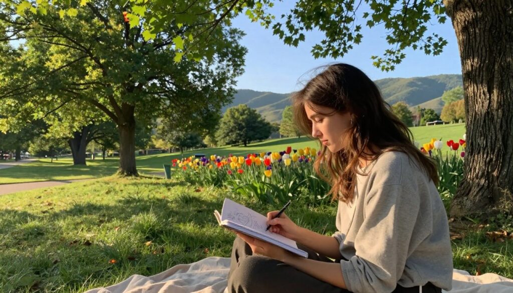 Viki Gabor enjoying a peaceful day in nature, surrounded by lush greenery and vibrant flowers. In the foreground, she is dressed in modest, casual attire, sitting on a blanket, perhaps reading a book or sketching in a notebook, embodying a relaxed and serene vibe. The middle ground features a tranquil park scene with trees swaying gently in the breeze and soft sunlight filtering through the leaves, creating dappled patterns on the ground. The background showcases rolling hills and a clear blue sky, emphasizing her connection to the outdoors. The lighting is warm and golden, reminiscent of a late afternoon, evoking a mood of contentment and tranquility. The angle captures Viki’s profile, framed by nature to highlight her peaceful coexistence with her surroundings. Viki Gabor enjoying a peaceful day in nature, surrounded by lush greenery and vibrant flowers. In the foreground, she is dressed in modest, casual attire, sitting on a blanket, perhaps reading a book or sketching in a notebook, embodying a relaxed and serene vibe. The middle ground features a tranquil park scene with trees swaying gently in the breeze and soft sunlight filtering through the leaves, creating dappled patterns on the ground. The background showcases rolling hills and a clear blue sky, emphasizing her connection to the outdoors. The lighting is warm and golden, reminiscent of a late afternoon, evoking a mood of contentment and tranquility. The angle captures Viki’s profile, framed by nature to highlight her peaceful coexistence with her surroundings.